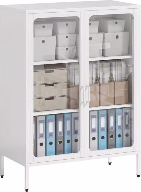 Mobile Portadocumenti da Ufficio in Acciaio Bianco con 2 Ante in Vetro Ripiani Regolabili Resistente e Moderno 80x40x110 cm