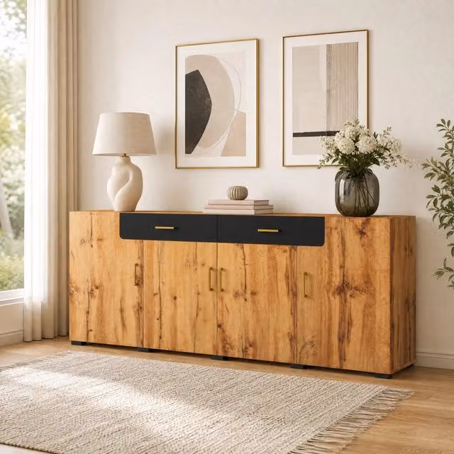 Credenza con 4 ante e 2 cassetti; 208 x 39;5 x 80 cm; pannello truciolare; marrone
