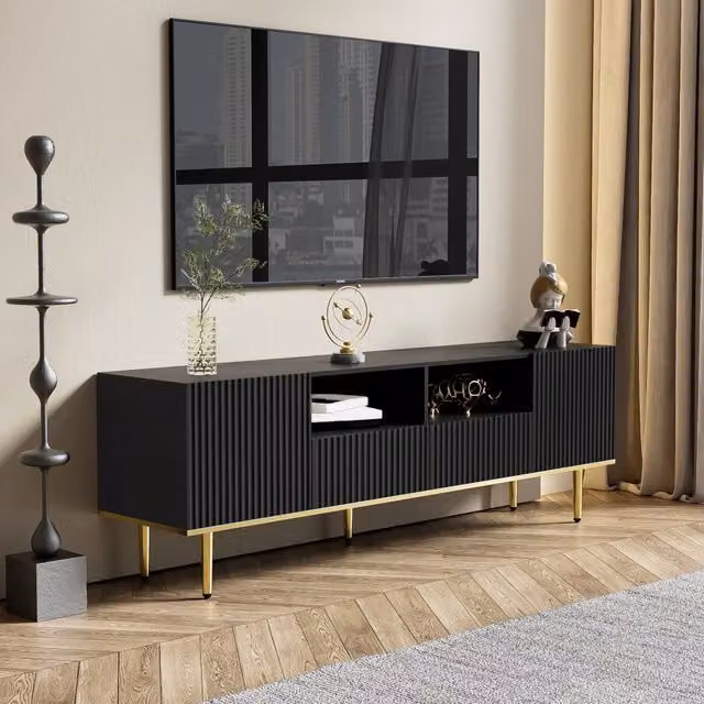 Mobile TV moderno FOLYNA in pannello di particelle nero e oro con 2 vani e 2 cassetti ad apertura a pressione, L: 165 cm, P: 36 cm, H: 55 cm