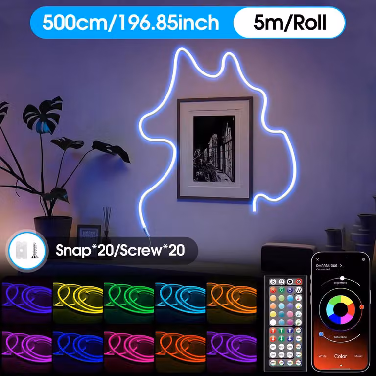 Striscia luminosa LED neon flessibile - Striscia LED RGB - 5 metri - Controllo tramite app e telecomando - Impermeabile - Sincronizzazione con la musica - Tagliabile - 24 V