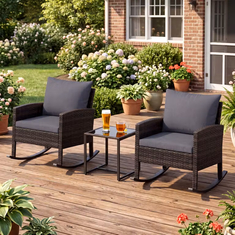 Set salotto da giardino Outsunny in rattan grigio con 2 poltrone a dondolo, tavolino e cuscini