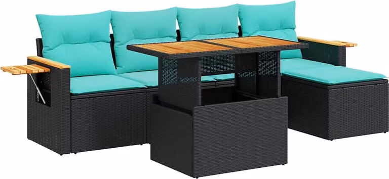 Set Divano da Giardino 6 pz con Cuscini Nero Polyrattan Acacia