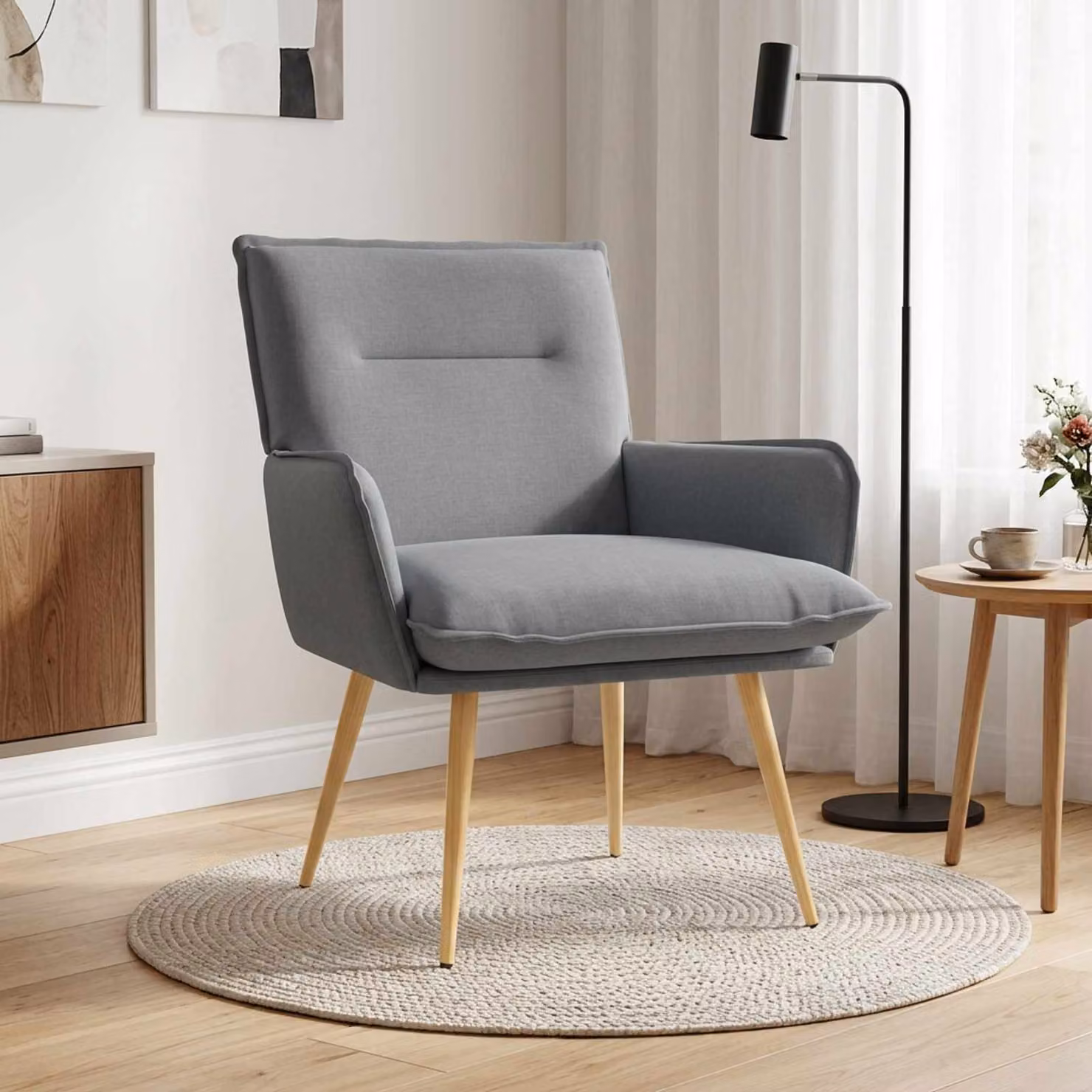 Poltrona moderna vidaXL in tessuto grigio con struttura in metallo e braccioli