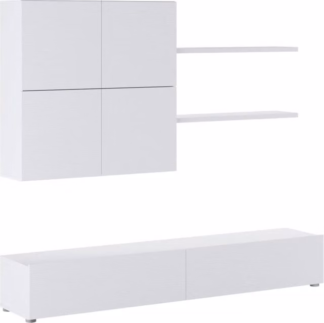 Parete Attrezzata Soggiorno Moderna Con Base TV Due Ante Pensile Quattro Ante E Due Mensole In Melaminico Facile Da Pulire Design Contemporaneo 200 X 194 X 40 Cm Bianco Effetto Legno