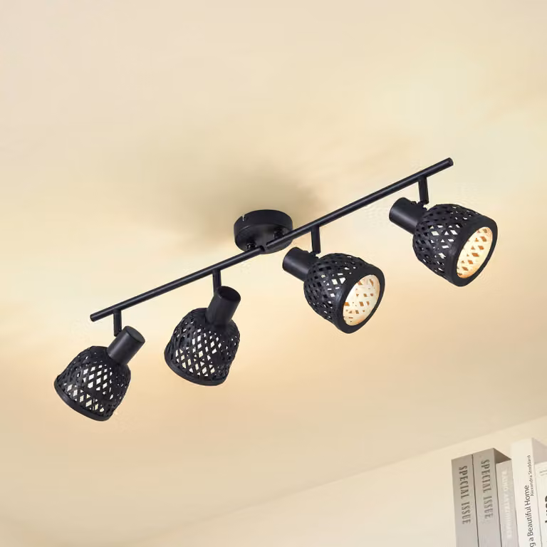 Plafoniera soffitto Eskil Lindby, dimmerabile, Nero, Soggiorno / Sala da pranzo, bambù, Moderno, Plafoniera