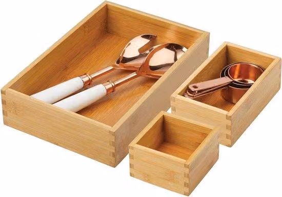 Set organizer in bambù - organizer da cucina impilabili - 3 pezzi - colore naturale - scatola in legno per posate e utensili da cucina
