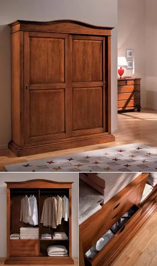 Armadio Gendarme in legno stile arte povera con 2 ante scorrevoli e cassetti, Mobili 2G, Tinta noce, L: 181 cm, P: 66 cm, H: 225 cm – 2