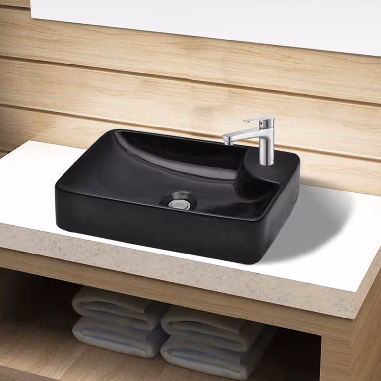 Lavandino da appoggio in ceramica nera vidaXL con foro per rubinetto, rettangolare, L: 44,0 cm, P: 25,0 cm, H: 10,0 cm