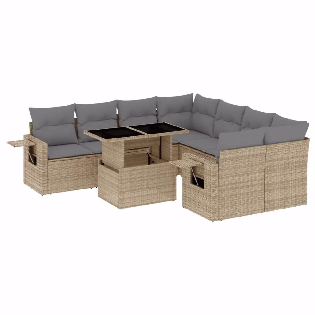 vidaXL Set Divano da Giardino a L 9 pz con Cuscini Beige e Tavolino in Vetro e Struttura in Metallo – 2