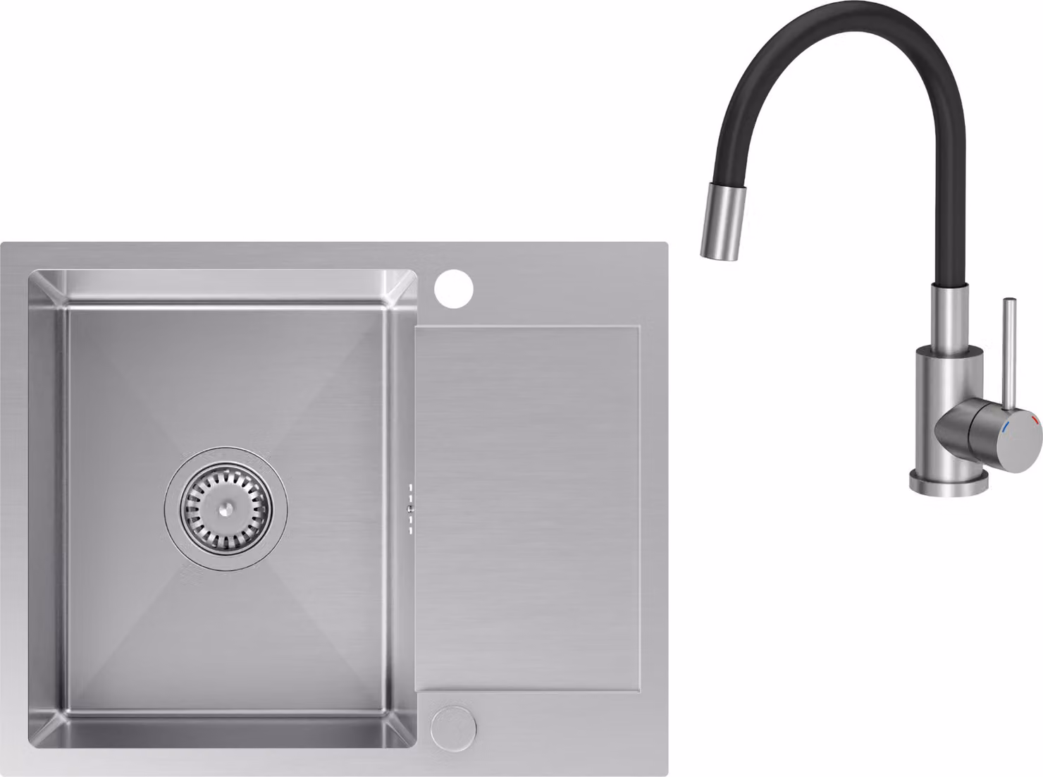 VBChome Lavello in acciaio inox con rubinetto 60 x 48 cm Lavello da incasso in acciaio inox spazzolato con due fori Lavello grande Lavello da cucina con sgocciolatoio Sifone