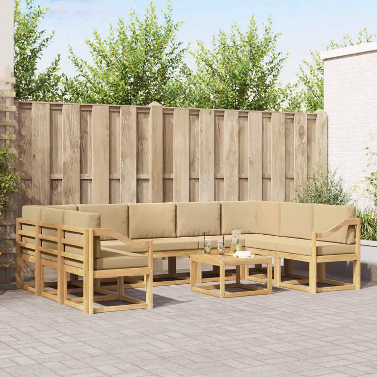 Set di divani da esterno vidaXL a forma di L con tavolino da caffè, composto da 10 pezzi in legno di acacia e tessuto bianco e beige