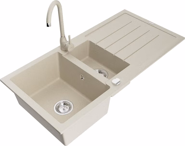 Mexen Andres lavello in granito 1,5 vasche con sgocciolatoio e rubinetto cucina Telma, beige - 6515-69-670200-69
