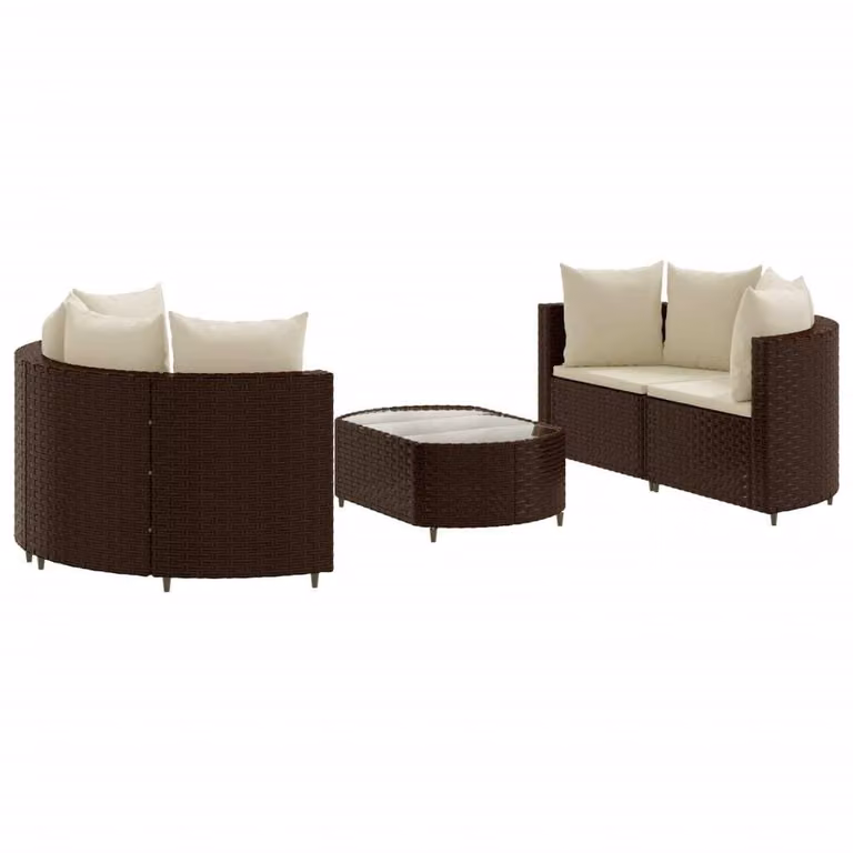 set di divani da giardino 5 pezzi con cuscini in poly rattan marrone