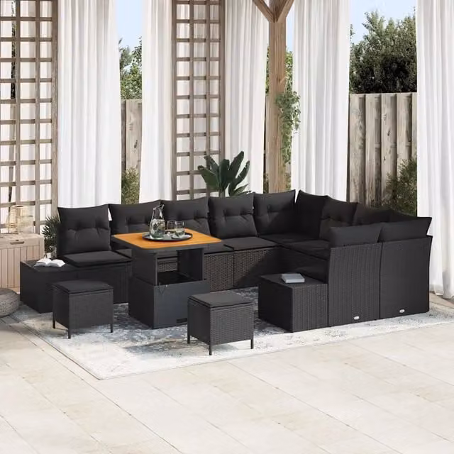 Set Divano da Giardino vidaXL 12 Pezzi Moderno a Forma di L con Cuscini e Tavolino, Colore Nero