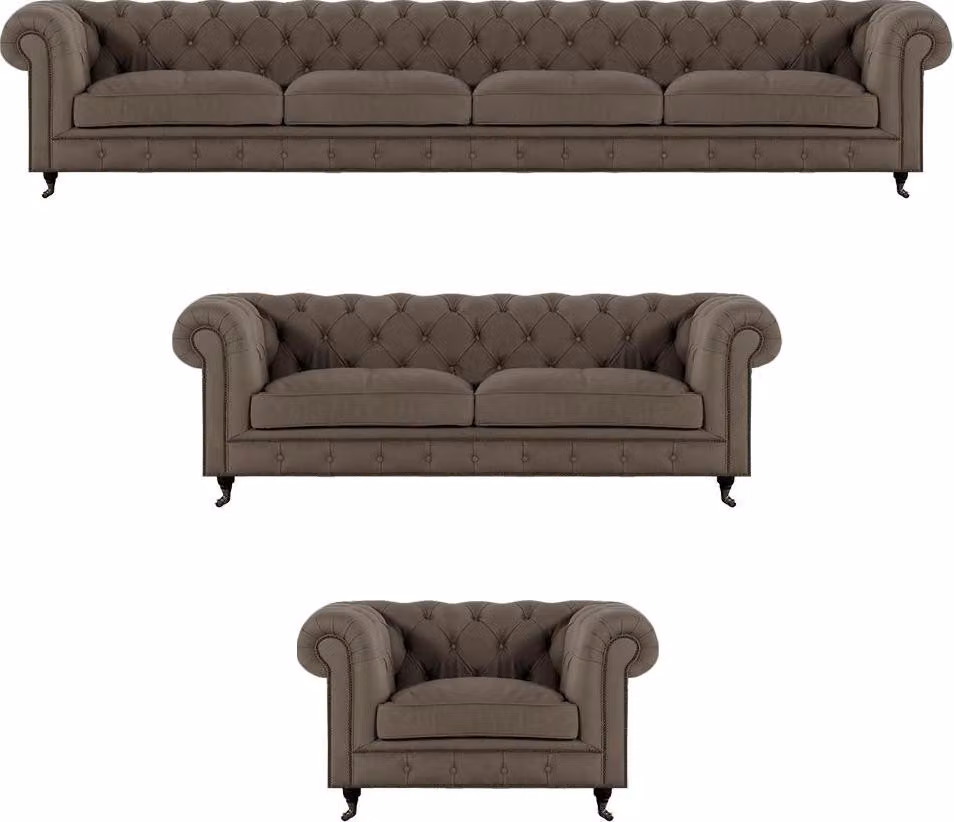 Moderne Graue Chesterfield Garnitur Polstermöbel Textil Couchen 3tlg