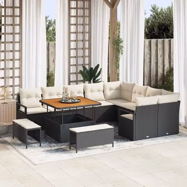 Set Divano da Giardino Moderno vidaXL in Polyrattan Nero con Legno di Acacia 12 pz – 1