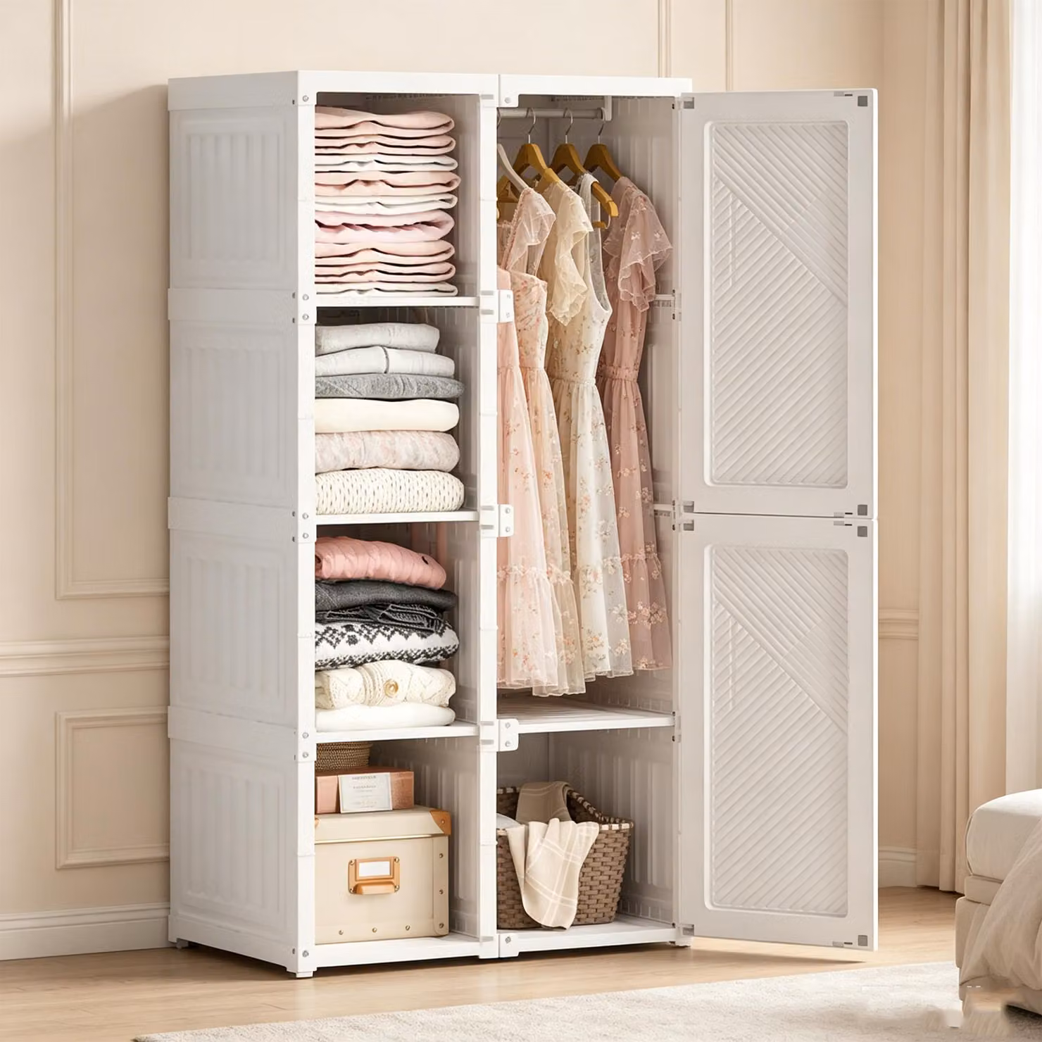 Armadio INONEFT, 69x50x136 cm, armadio pieghevole multifunzione con 1 asta appendiabiti, 5 scomparti, ante magnetiche, armadio per guardaroba per soggiorno, bianco