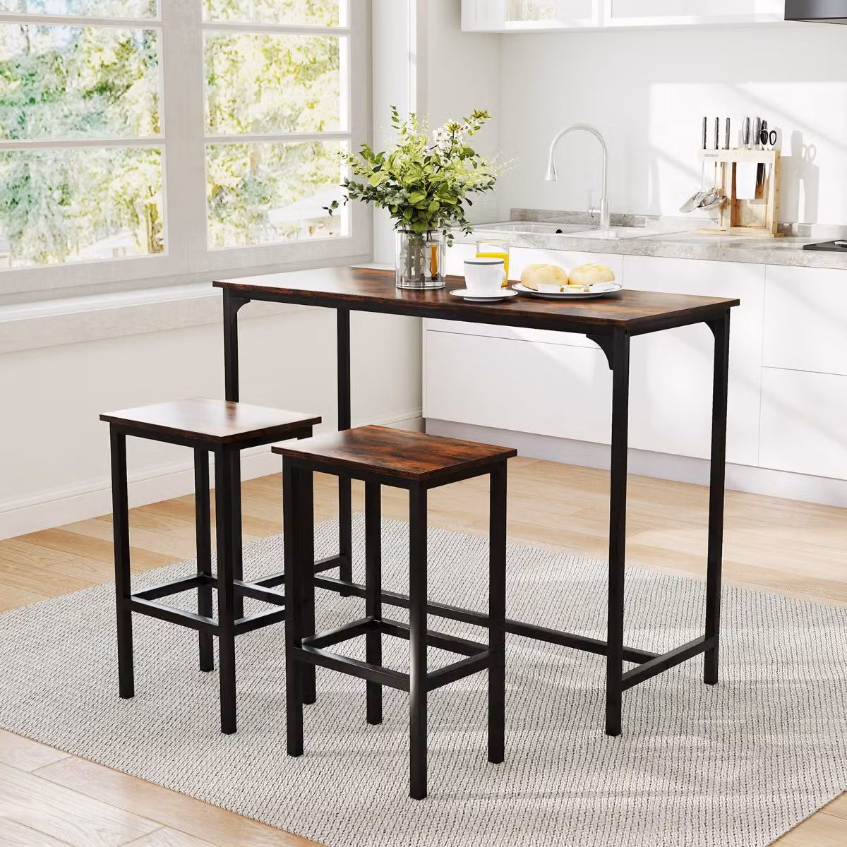 Set da pranzo industriale Costway composto da tavolo rettangolare e 2 sgabelli da bar, colore marrone