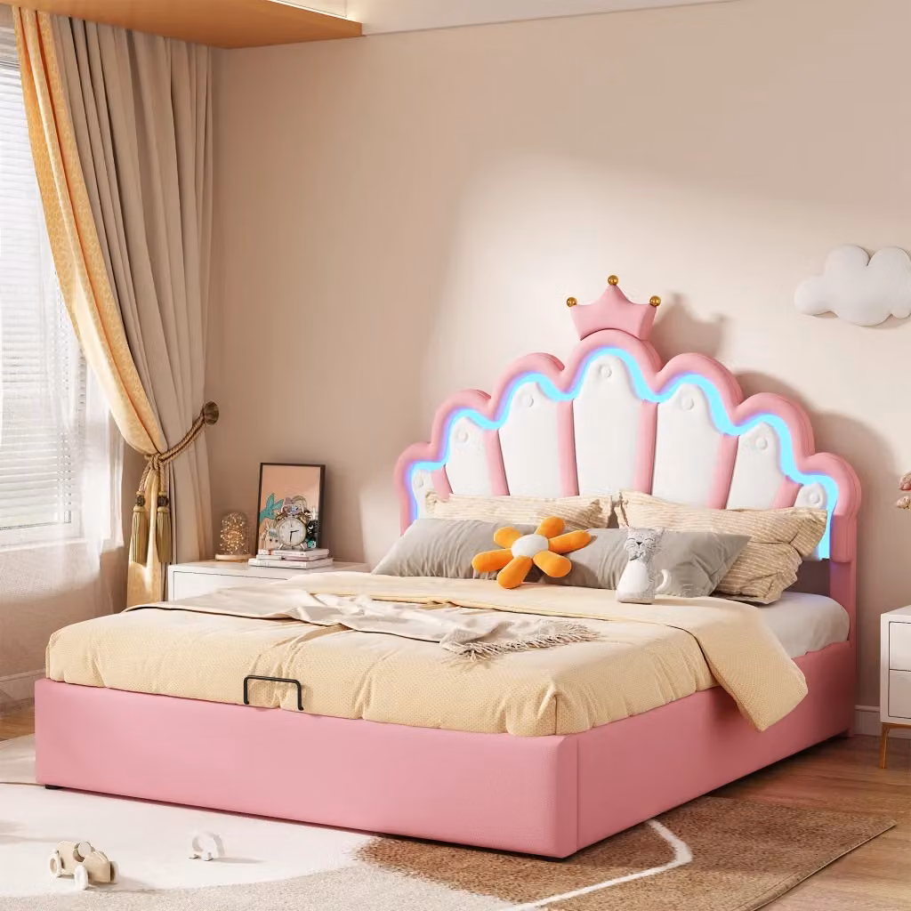 Letto matrimoniale moderno con contenitore idraulico e illuminazione LED, rivestimento in ecopelle rosa, L/P: 140 x 200 cm – 2