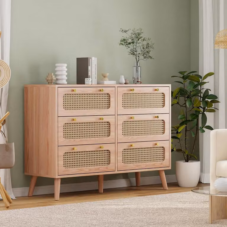 Comodino in rattan con 6 cassetti, dimensioni 100x34x73 cm. Ideale come mobiletto per l'ingresso, la camera da letto, il soggiorno o il corridoio