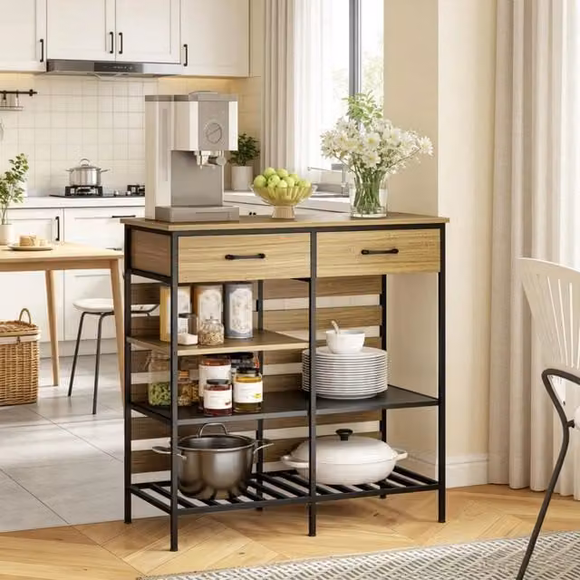 Credenza da cucina, mobile contenitore con 2 cassetti e 3 vani a giorno, mobile da cucina per soggiorno e sala da pranzo