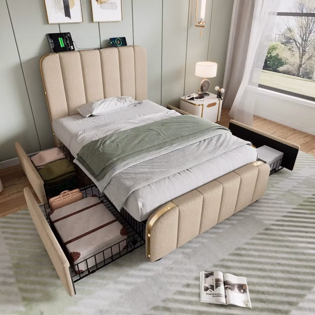 Letto singolo imbottito OKWISH con 4 cassetti, porte USB e USB-C, colore beige e dettagli oro, L/P/H: 90 x 200 cm – 2