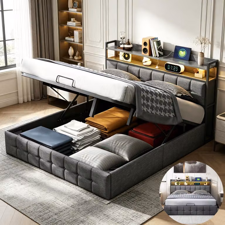 Letto imbottito INONEFT, 140x190 cm, con spazio contenitore, letto matrimoniale con illuminazione LED e porta USB, letto con sistema di sollevamento idraulico, struttura a molle, rivestito in tessuto, colore grigio