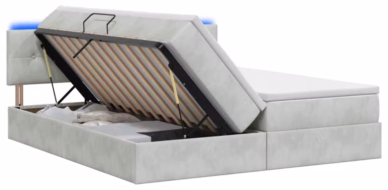 Letto imbottito con tecnologia LED e materasso, colore grigio chiaro, dimensioni 200 x 200 cm, rivestito in velluto