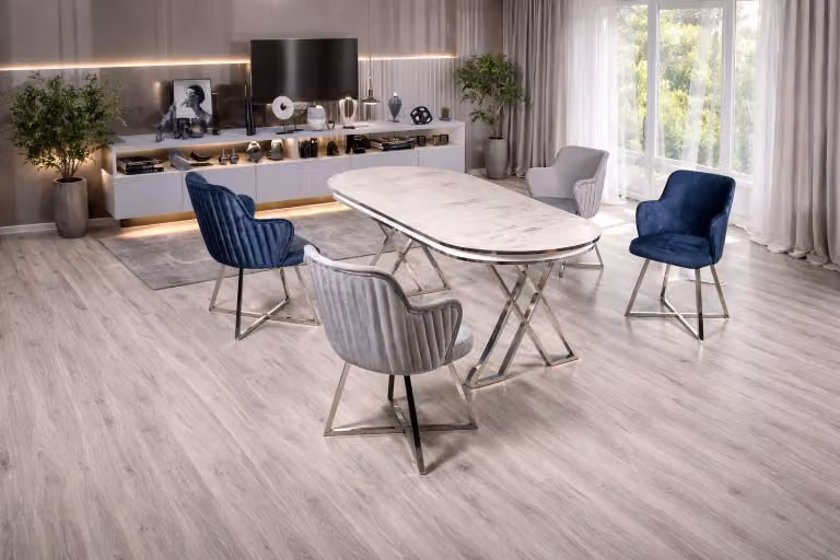 Tavolo con 4 sedie, stile moderno, colore bianco, forma ovale, confortevole, nuovo, in metallo