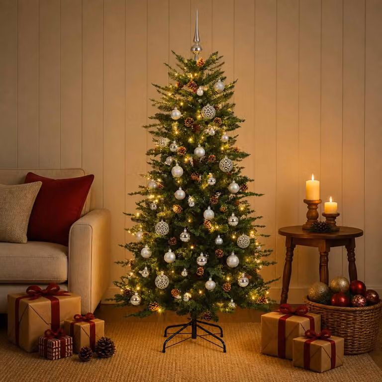Albero di Natale artificiale con decorazioni natalizie, altezza 150 cm, 150 luci LED