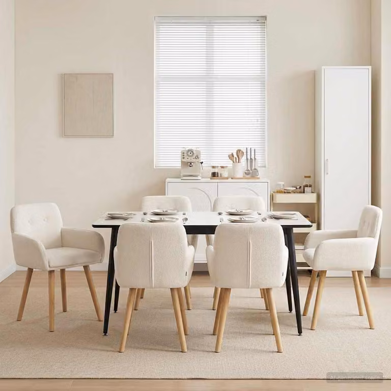 Set di 6 sedie da pranzo vidaXL in tessuto bouclé color crema con struttura in legno e metallo, L: 59 cm, P: 56,5 cm, H: 85 cm