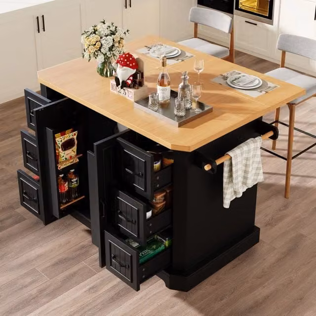 Carrello da cucina con 2 ante, 6 cassetti e ruote con freno, piano effetto legno, per cucina, MDF nero, 120 × 45 × 91 cm