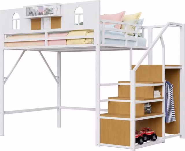 Letto a soppalco 140x200 cm in metallo con scala contenitore e ripiano; bianco