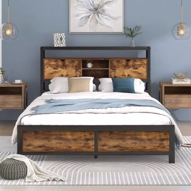 Letto matrimoniale 140x200 cm in metallo e MDF con testiera contenitore; design naturale