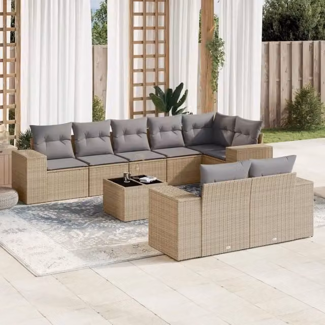 Set Divano da Giardino 9 pz con Cuscini Beige in Polyrattan 3222828