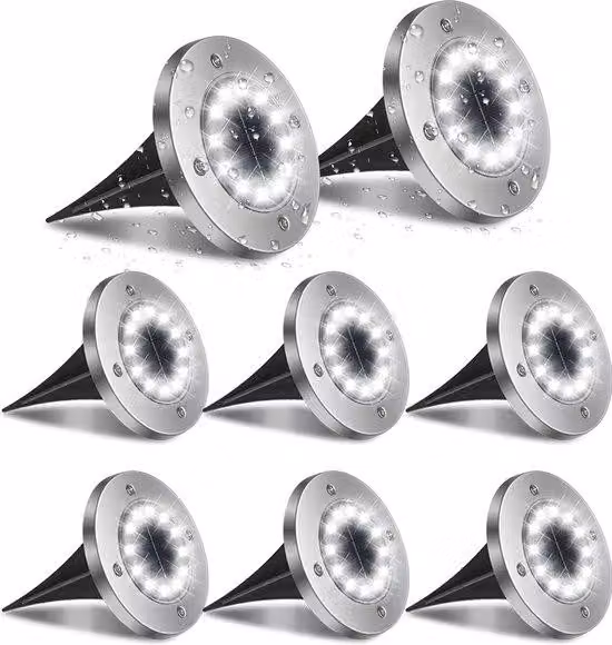 Set di 8 fari solari - Illuminazione esterna - 12 faretti LED impermeabili per giardino, vialetto, terrazza, pergola, prato - Faretto LED esterno con supporto a terra - Luce bianco caldo - Lampada LED per esterni