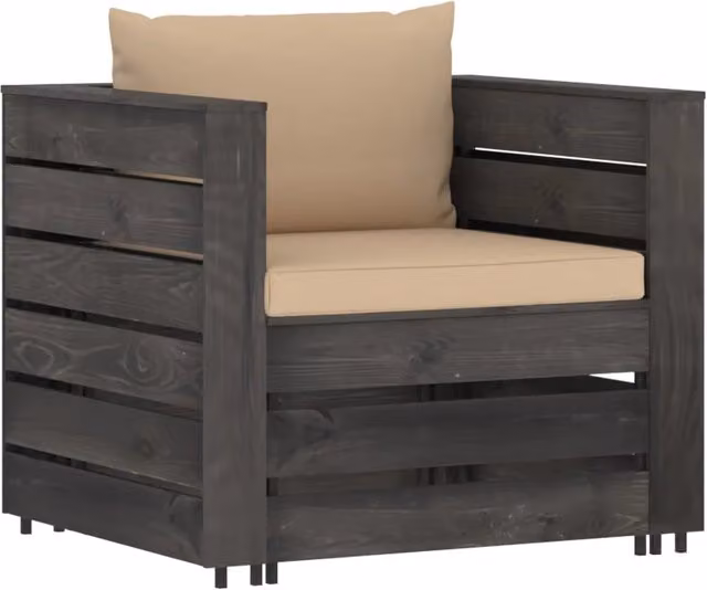 Set Salotto da Giardino vidaXL in Legno di Pino Trattato con Divano a 2 Posti, Poltrona Lounge e Pouf, Cuscini Beige e Grigio