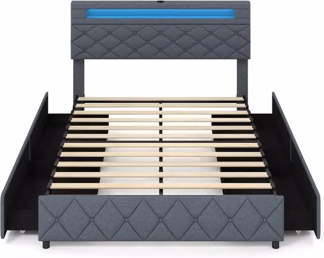 Letto Matrimoniale 140 x 200 cm con Luci LED e 2 Porte USB Struttura Imbottita Grigio con 4 Cassetti Design Moderno