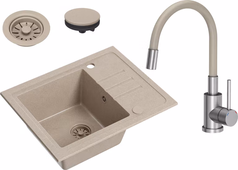 VBChome Lavello in granito beige con rubinetto 55 x 44 cm Lavello da incasso a vasca singola Macchiettato Reversibile Lavello in granito beige Sifone Rubinetto per lavabo