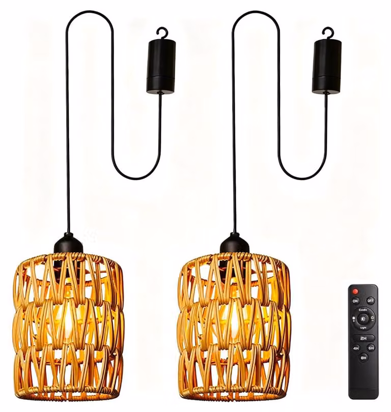 Set di 2 lampade a sospensione in stile bohémien, realizzate in rattan, alimentate a batteria e con telecomando