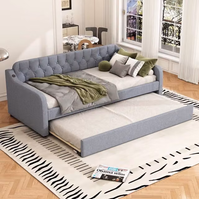 Letto divano singolo OKWISH in lino e MDF grigio con porta USB e cassetti, stile scandinavo, L/P/H: 200 x 90 x 79 cm