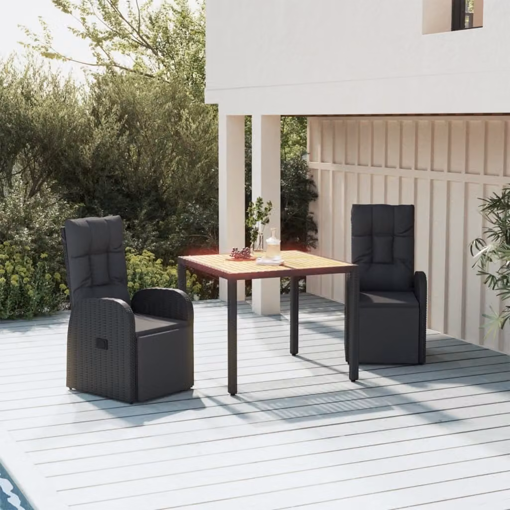 The Living Store Set da pranzo da giardino 3 pezzi in poly rattan nero e legno massiccio di acacia