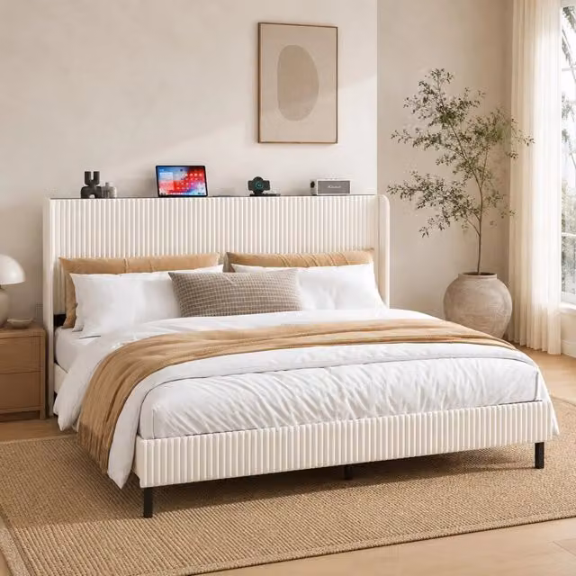 Struttura letto 180x200 cm con testiera imbottita in tessuto a coste e sistema di supporto metallico silenzioso
