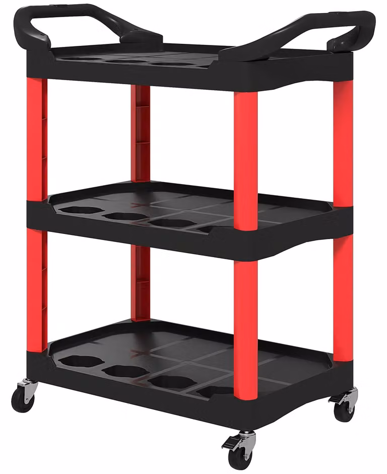 Carrello portattrezzi a 3 livelli con ruote | Colore: rosso, nero | Dimensioni: 83x43x97 cm