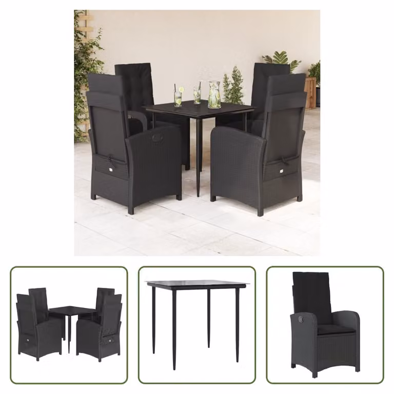 The Living Store Set da pranzo da giardino 5 pezzi con cuscini in poly rattan nero