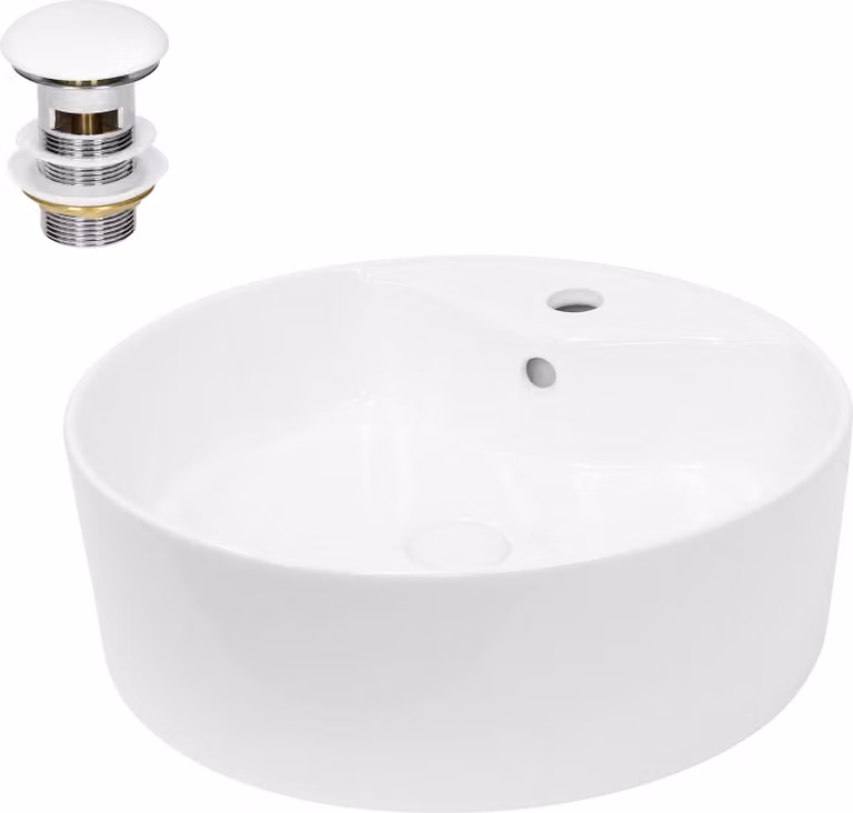 Lavabo LuxeBath Lavabo da appoggio rotondo, Ø 46x15,5 cm, bianco, in Vetroceramica, incl. set di scarico con troppopieno