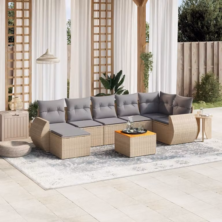 vidaXL Set Divano da Giardino 8 pz a L in Polyrattan Beige con Cuscini Imbottiti e Tavolino