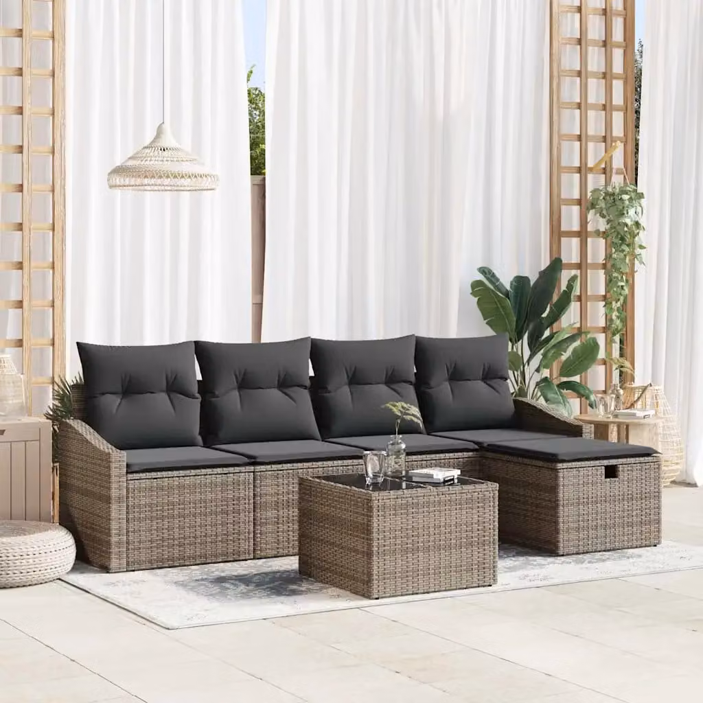 Set di divani da giardino vidaXL a forma di L composto da 6 pezzi in rattan grigio con cuscini e contenitore per l'archiviazione – 1