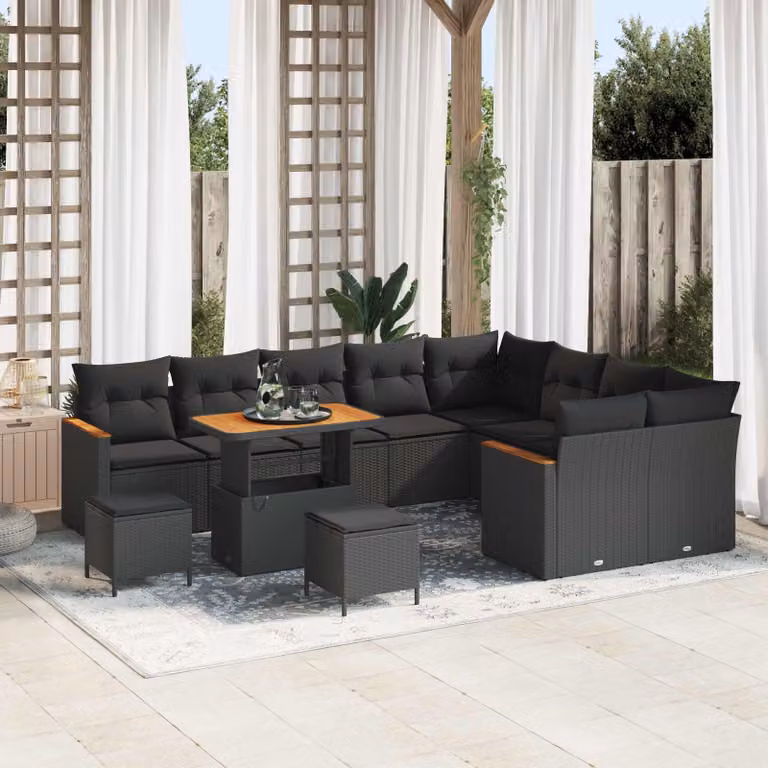 Set Divano da Giardino vidaXL 12 Pezzi Nero con Cuscini e Tavolino da Caffè in Rattan e Acciaio