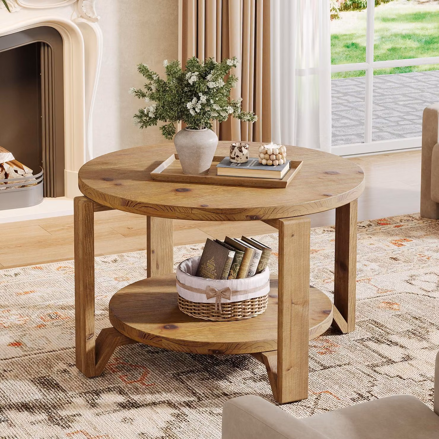 Tavolino rotondo Tribesigns in legno massiccio, 80 cm, due ripiani, soggiorno, stile country, legno massiccio marrone con venature naturali